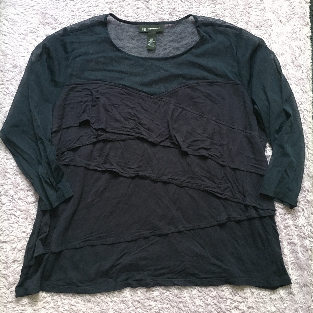 NWOT INC Navy Ruffled Layer Blouse w/ Sheer Mesh